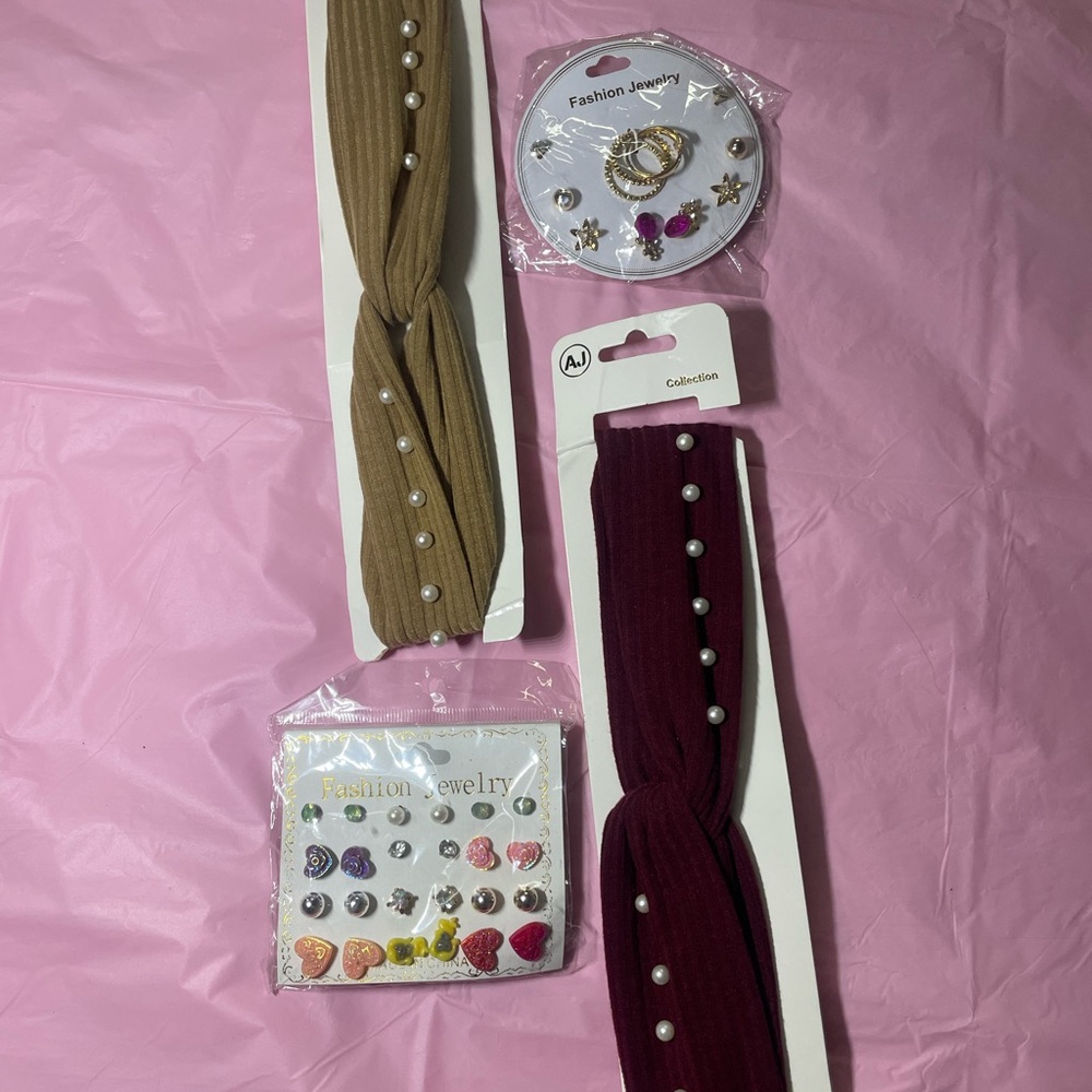 Pearl-Embellished Headbands and Jewelry Set of 4 total